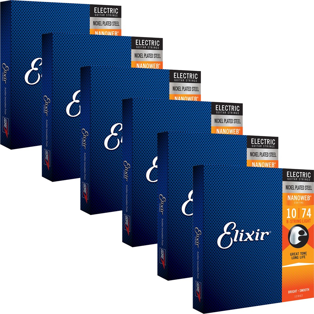 6 Sets Elixir 12062 NANOWEB Electric Guitar Strings, 8-String Light 10-74