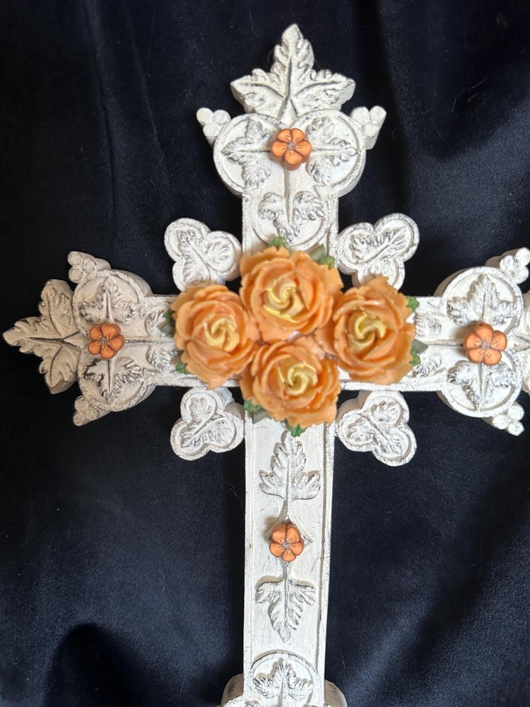 White Ceramic Cross - Golden Roses