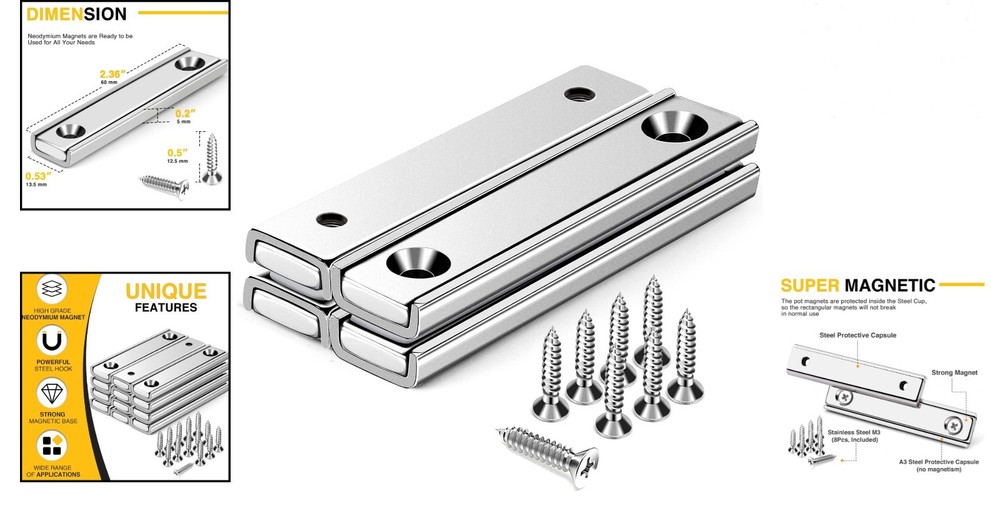 4-Pack Neodymium Rectangular Magnets 80LBS Pull Force with Countersunk Holes