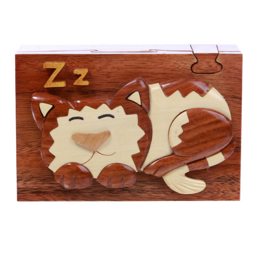 Wooden Rectangular Sleeping Kitty Secret Jewelry Puzzle Box - Sleeping Ca