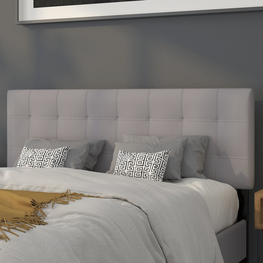 Tufted Upholstered Queen Size Headboard in Light Gray Fabric