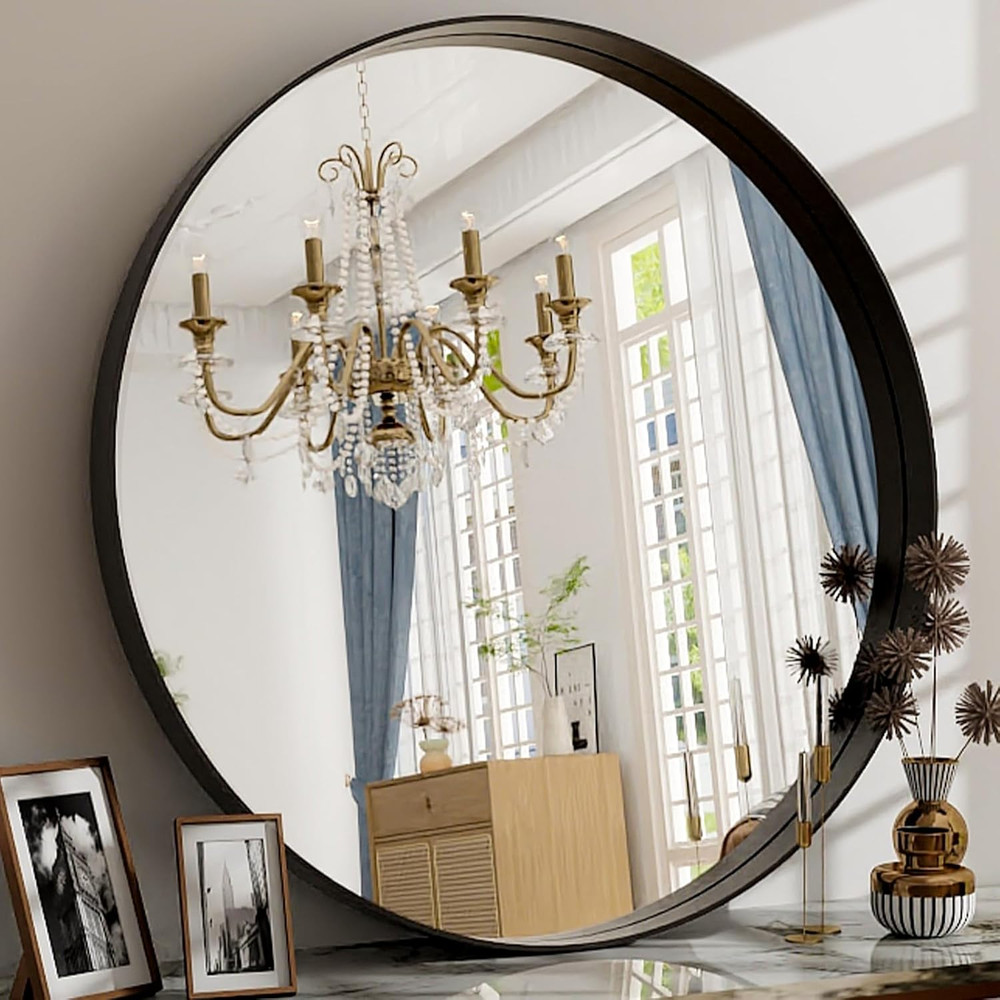 24 Inch Round Bathroom Mirror - Wall Mounted Circle Mirror with Metal Frame, Mod