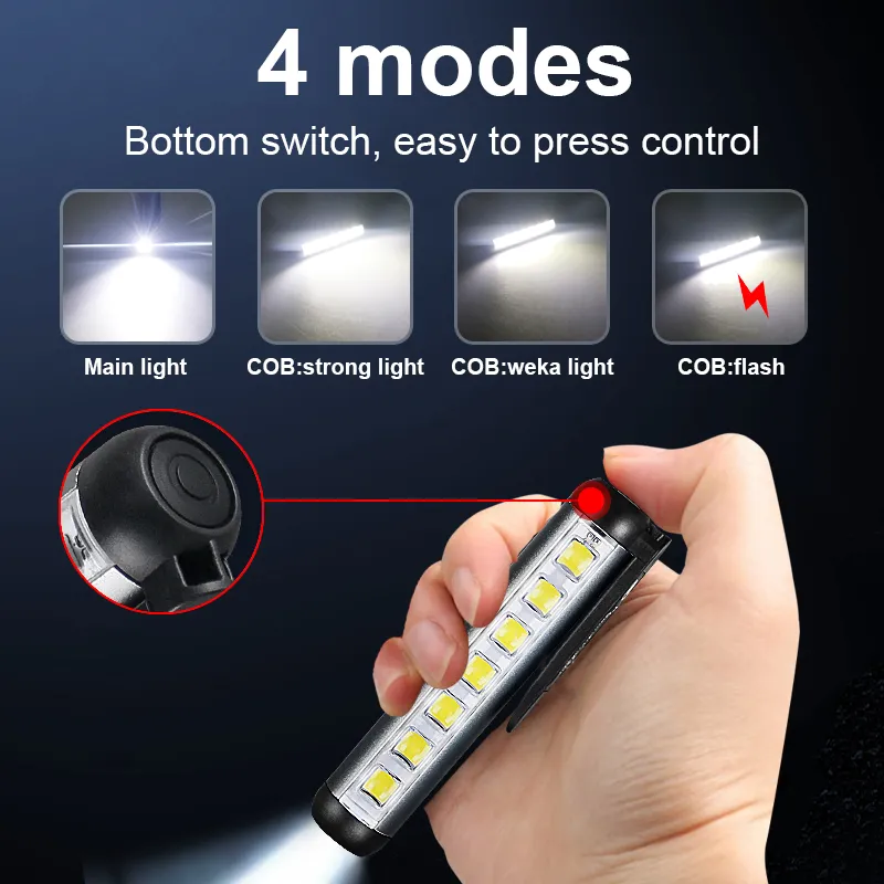 Rechargeable COB LED Flashlight Work Light Magnetic Super Bright Torch Penlight