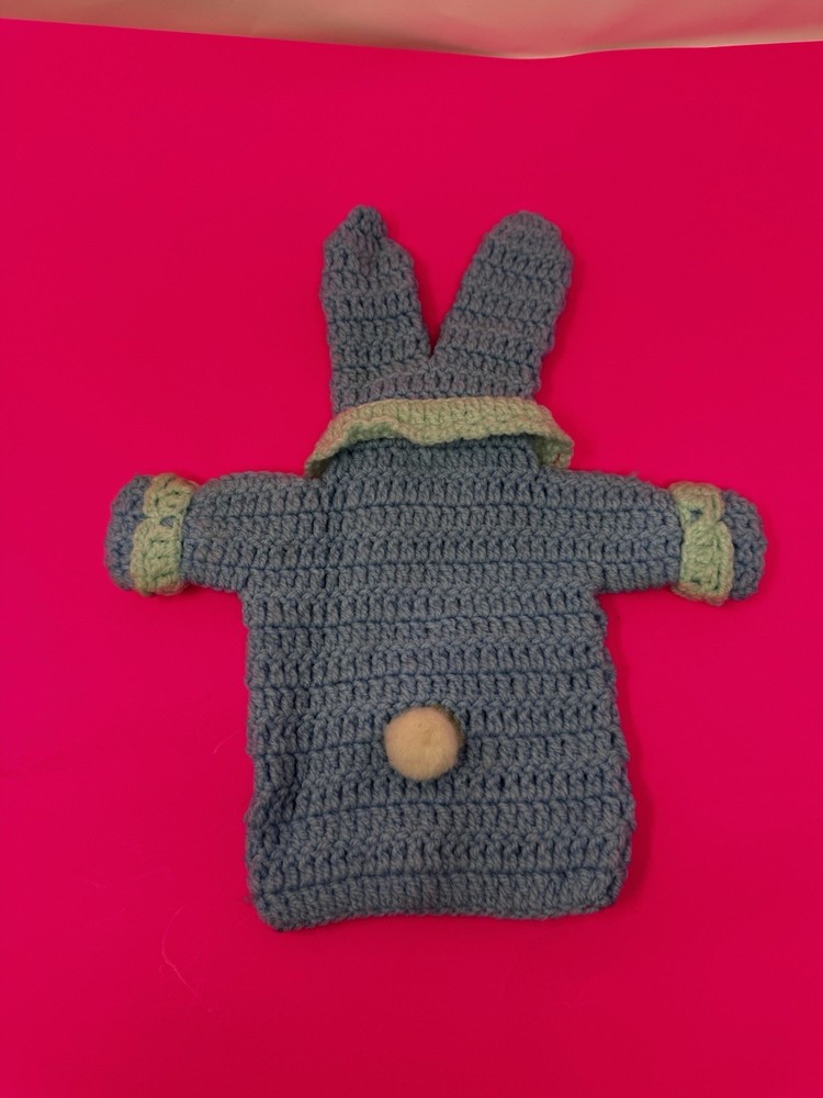 Vintage Handmade Crochet Blue Rabbit hand Puppet A7