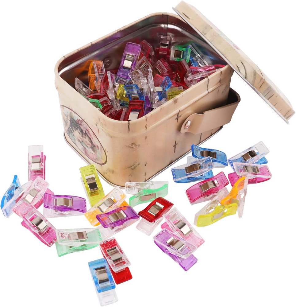 Sewing Clips 100 Pack With Tin Box Quilting Craft Fabric Holders Assorted