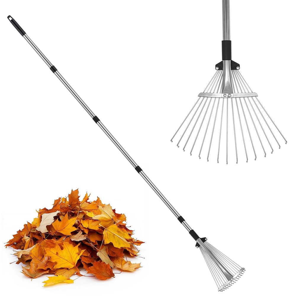 Adjustable Metal-Leaf Rake with Telescopic Handle - Lawn & Garden Tool for Gr...