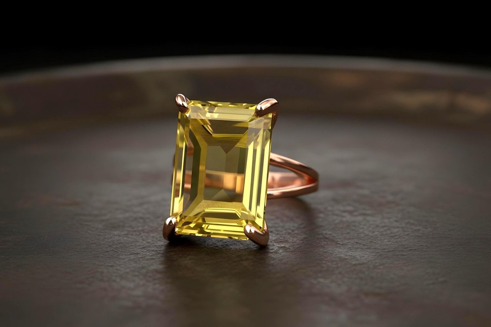 Lemon Quartz Ring Anemone 14k Gold Filled Emerald Cut Rectangle Stone