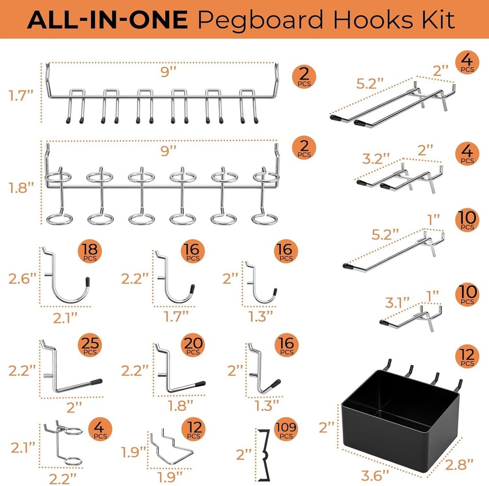 Complete 278PCS Pegboard Hooks Kit with Bins for Garage & Workshop Organization