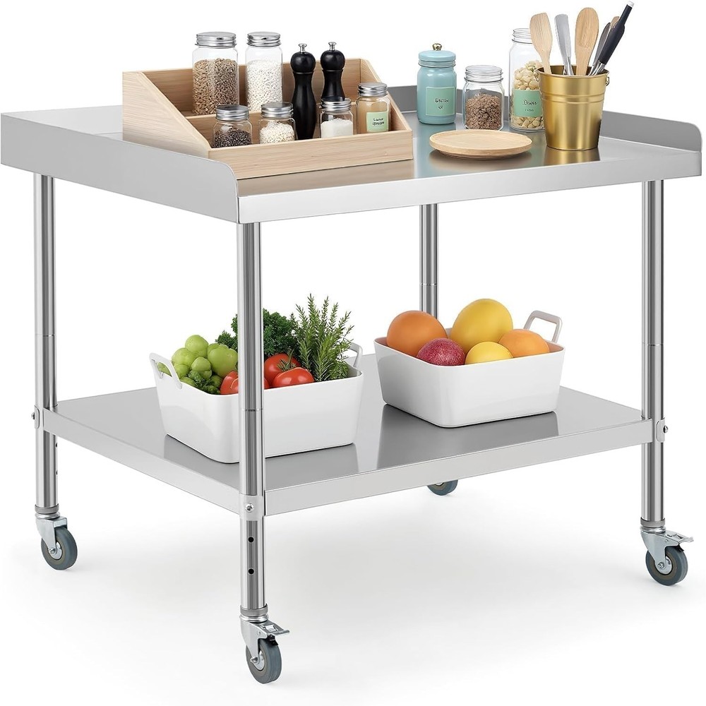 Stainless Steel NSF Kitchen Restaurant Work Prep Table with Wheels & Backsplash