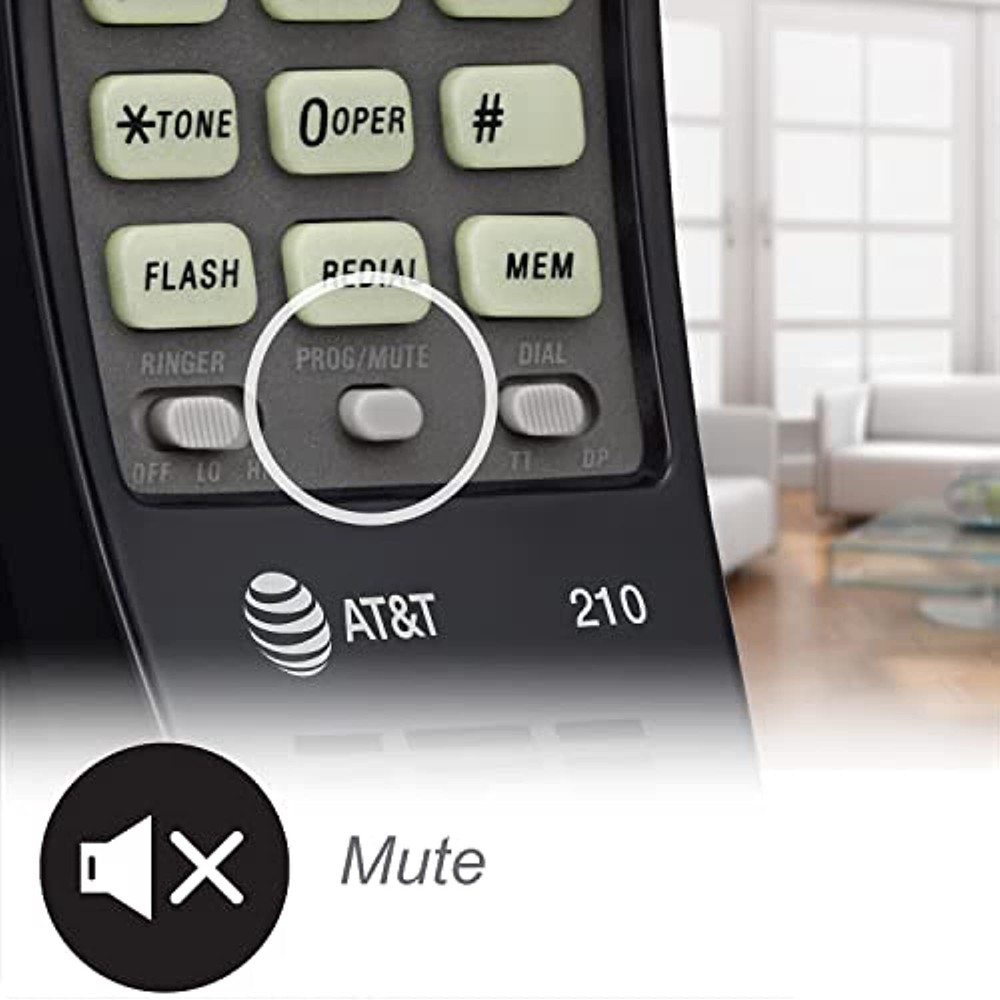 AT&T 210 Basic Trimline Corded Phone, No AC Power Required Wall-Mountable Black
