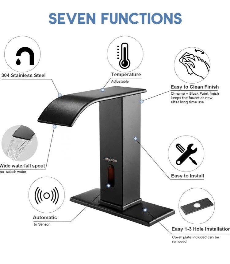 Touchless Bathroom Faucet, Automatic Sensor Waterfall Bathroom Tap, Modern Stain
