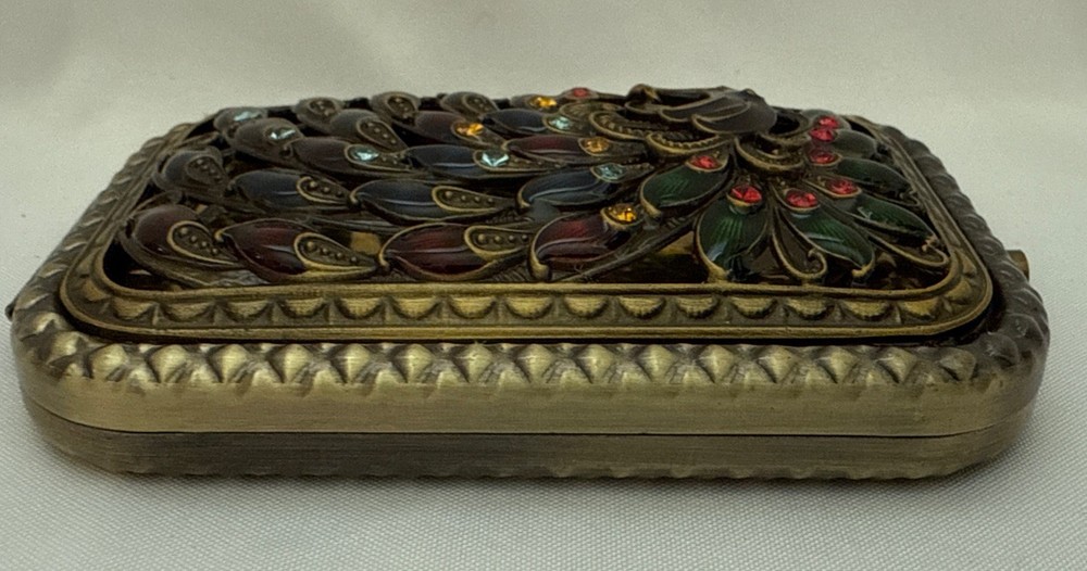 Antique style rectangle compact Purse mirror Peacock design metal multicolored