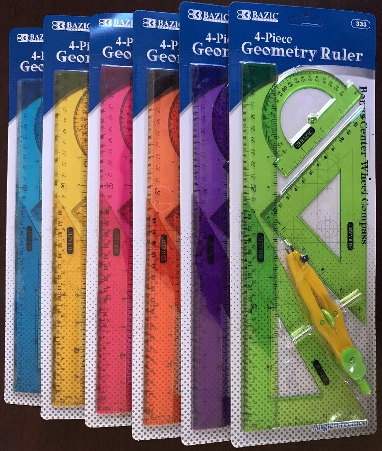 5-Piece Geometry Ruler Straight Triangle Protractor Compass Bazic New