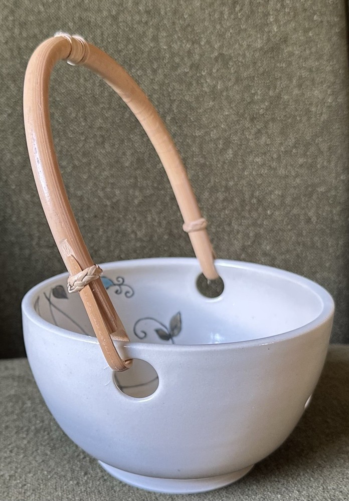 Studio Art Ceramic Yarn Bowl With Bamboo Handle - Hand-painted