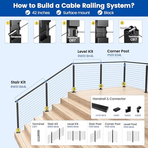 5-10FT Modular Black Cable Railing Kit 42 Inch 2 42" 5-10ft Level post kit