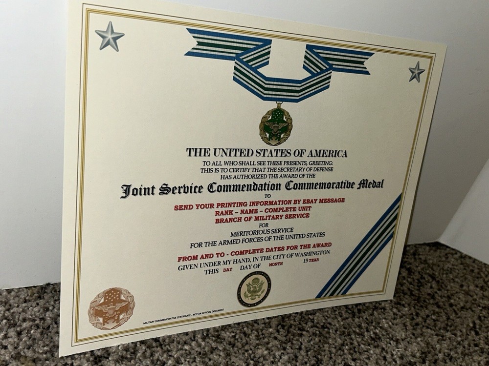 JOINT SERVICE COMMENDATION MEDAL COMMEMORATIVE CERTIFICATE ~TYPE-2 w/PRINTING
