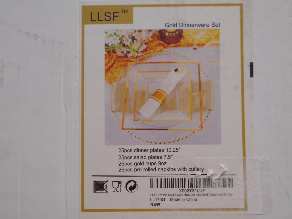 LLSF 175 Pcs Gold Plastic Plates Disposable Gold Dinnerware Includes 25 Dinne...