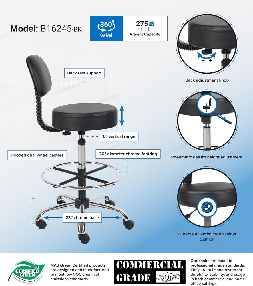 Durable Black Vinyl Drafting Stool with Adjustable Height & Plush Back Support