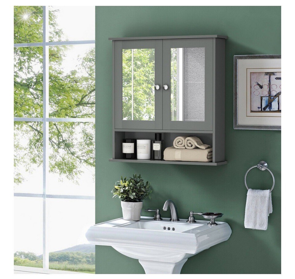 Bathroom Wall Mount Mirror Cabinet Organizer-Gray BA7396GR