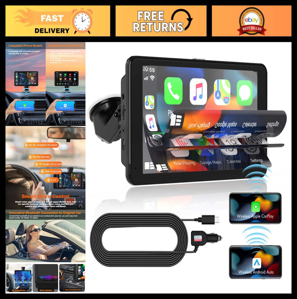 Wireless Carplay Stereo 7" Screen, Android Auto, Bluetooth, FM, Navigation, Voic