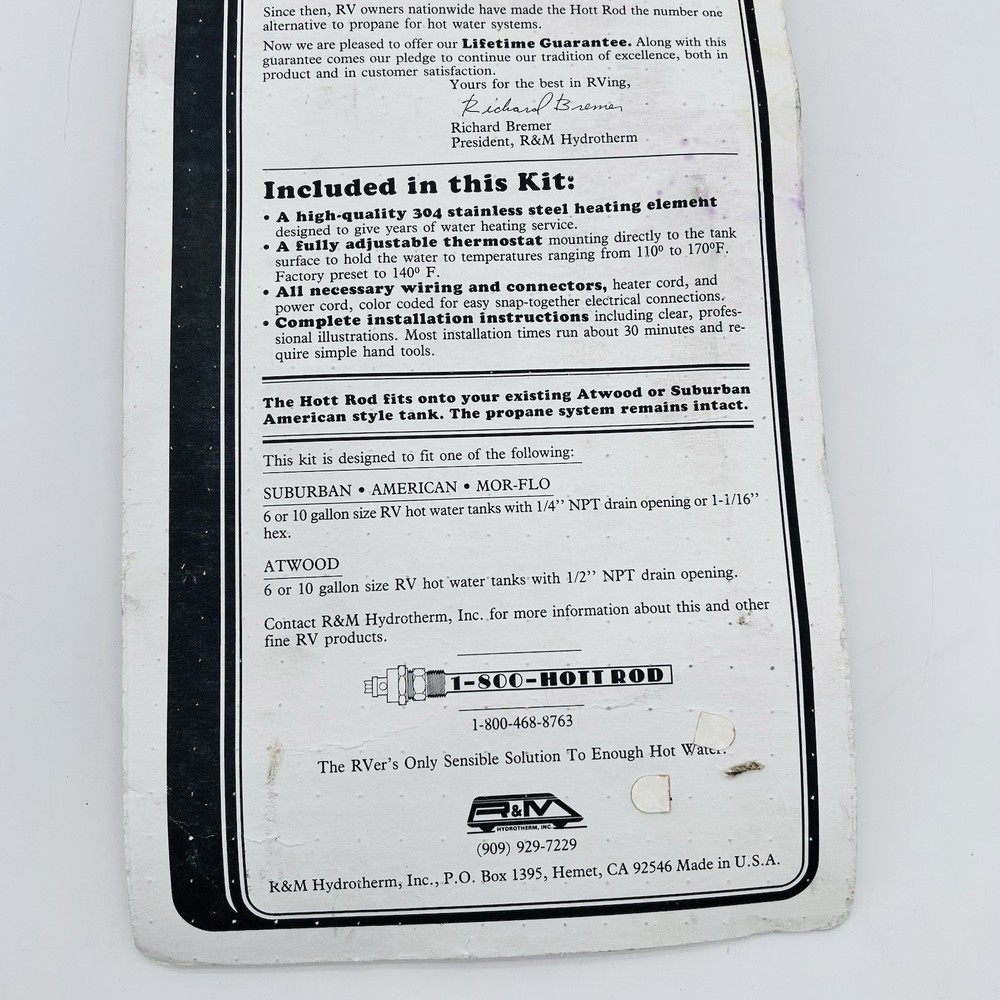 R&M Hydrotherm Hott Rod RV Water Heater Electric Kit NOS Vintage Made USA