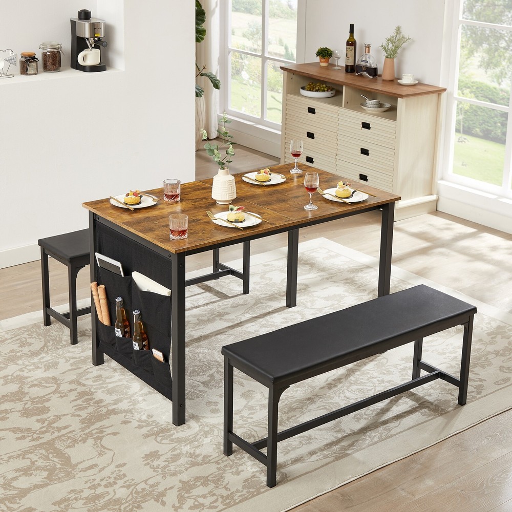 Extendable Dining Room Table Set +2 Benches Kitchen Wood Set for 4-6 Small Space