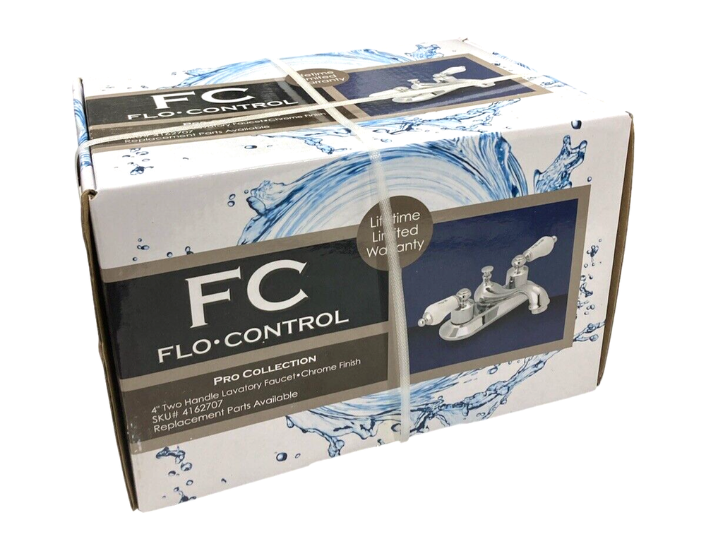 New Flo Control 4” 2-Handle Chrome Lavatory Faucet Hot/Cold Printed Knobs