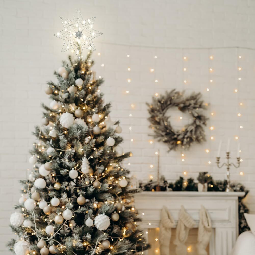 hogardeck Christmas Tree Topper, Glittered Silver 8-Pointed Large,