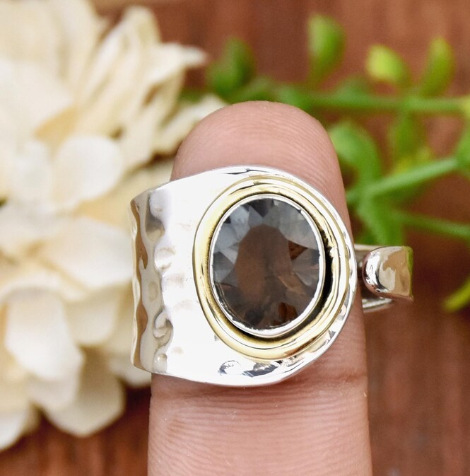 Solid 925 Sterling Silver Natural Smoky Quartz Gemstone Hammered Adjustable Ring