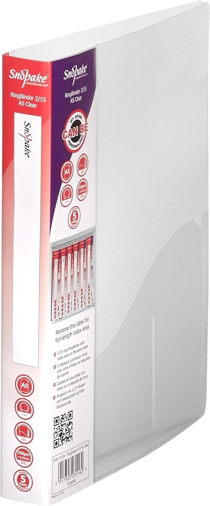 Snopake A5 2 O-Ring 15mm RingBinder - Clear Ref: 10108 1 Transparent