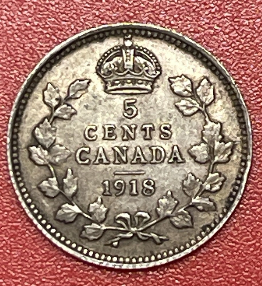 1918 Canada Silver 5 Cents, XF.