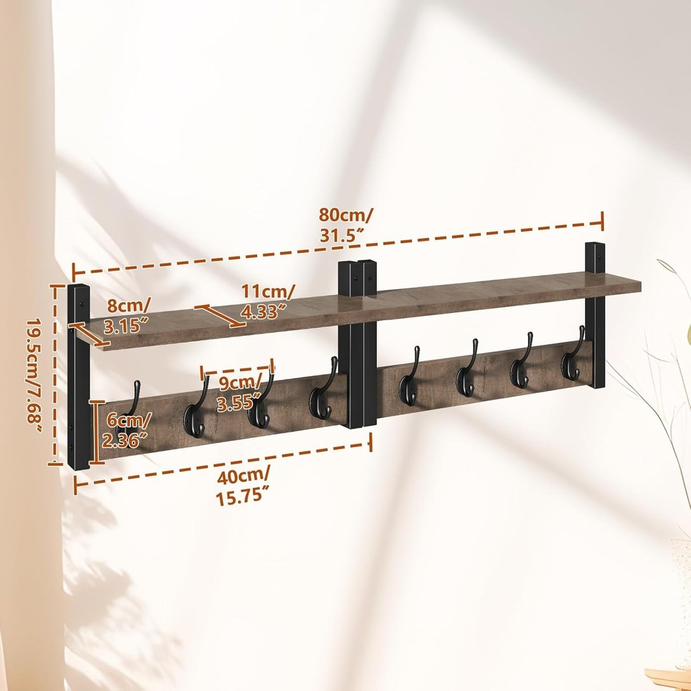 Versatile Wall Coat Hooks with Floating Shelf - 8 Hooks, 2 Pack in Silver Gray