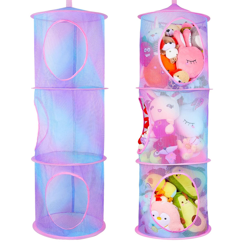 2 Pack Stuffed Animal Storage Mesh Foldable Organizer Net with 3 Compartments