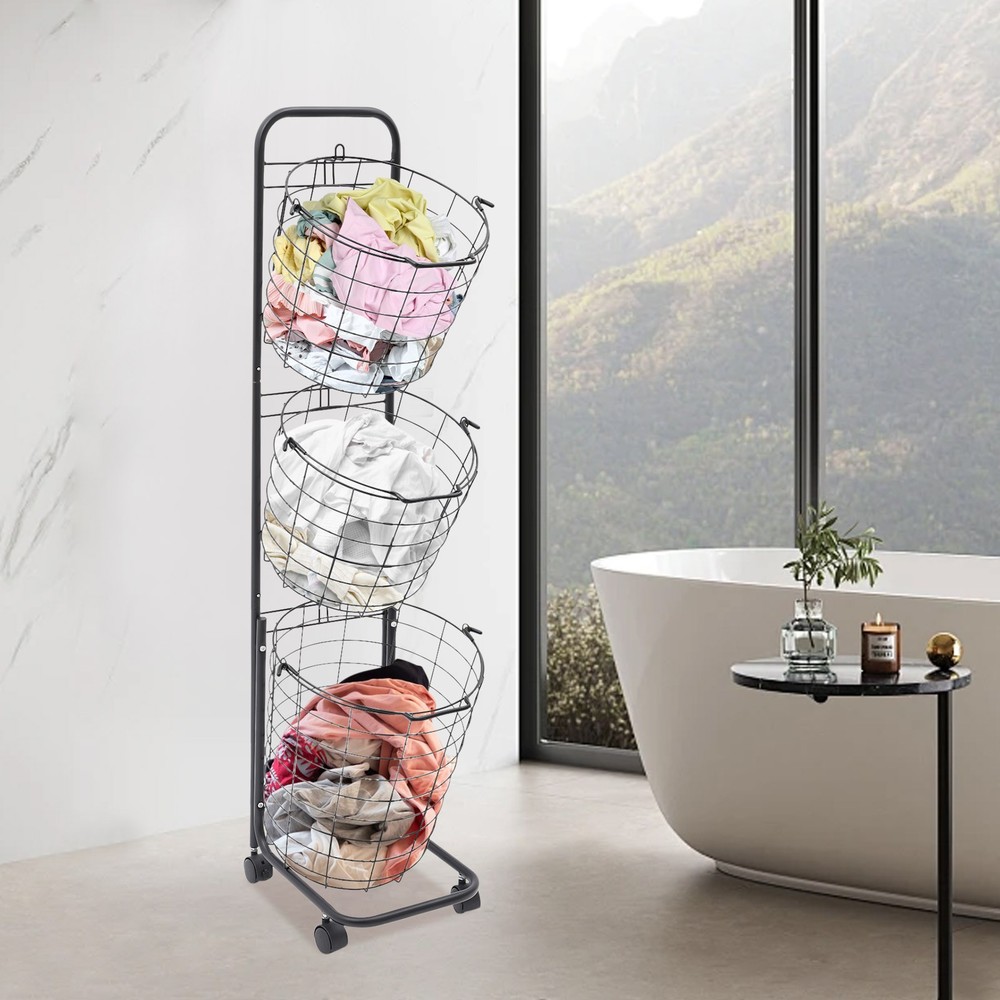 3 Tier Rolling Laundry Hamper with 3 Removable Wire Basket & 4 Universal Wheels