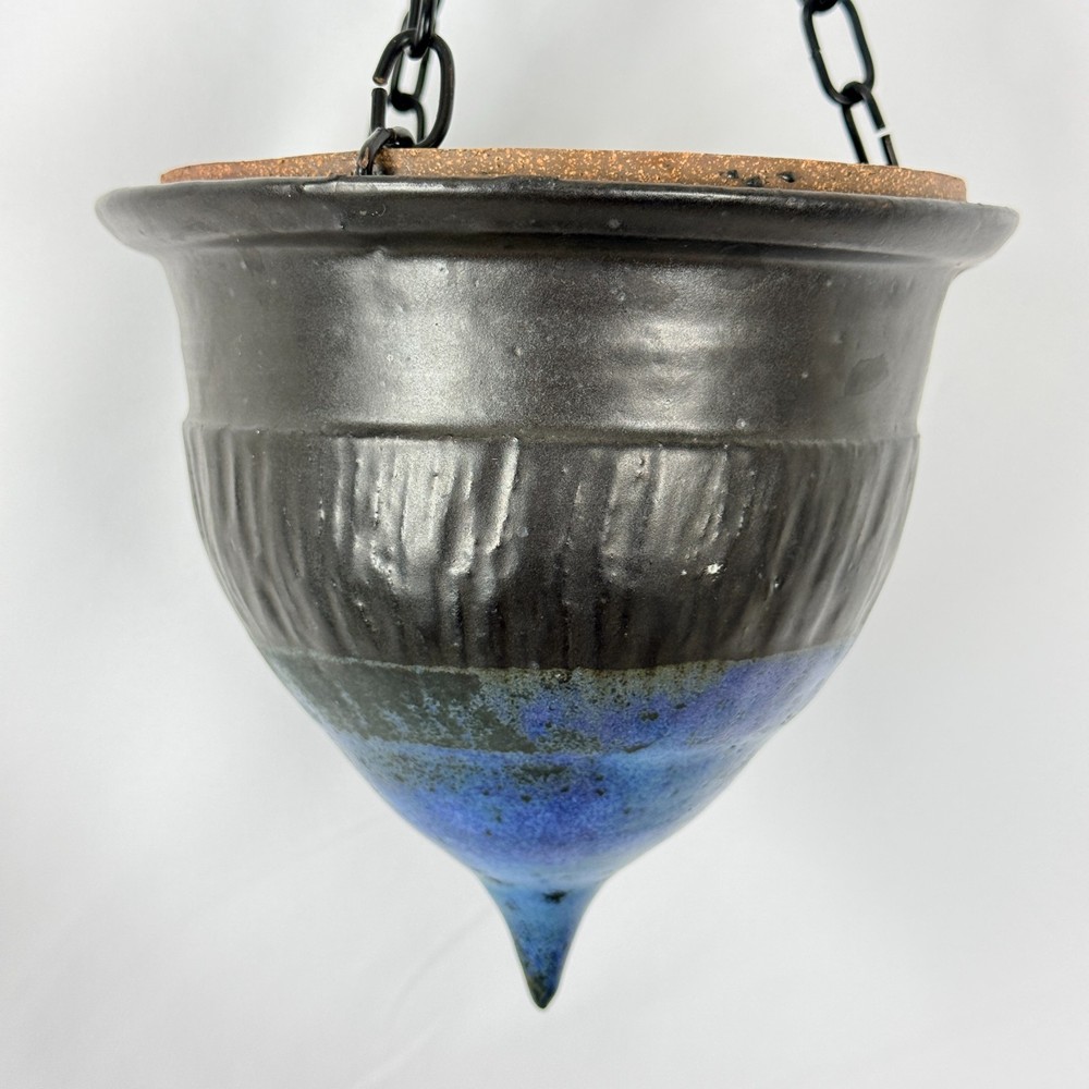 Studio Pottery Hanging Planter Blue Black Glaze REZ Signed