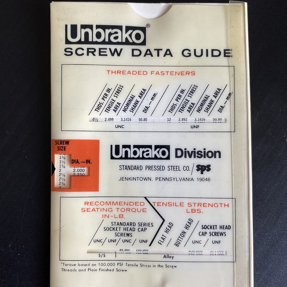 Vintage Unbrako Socket Screw Selector Data Guide Slide Rule - Plastic Sleeve