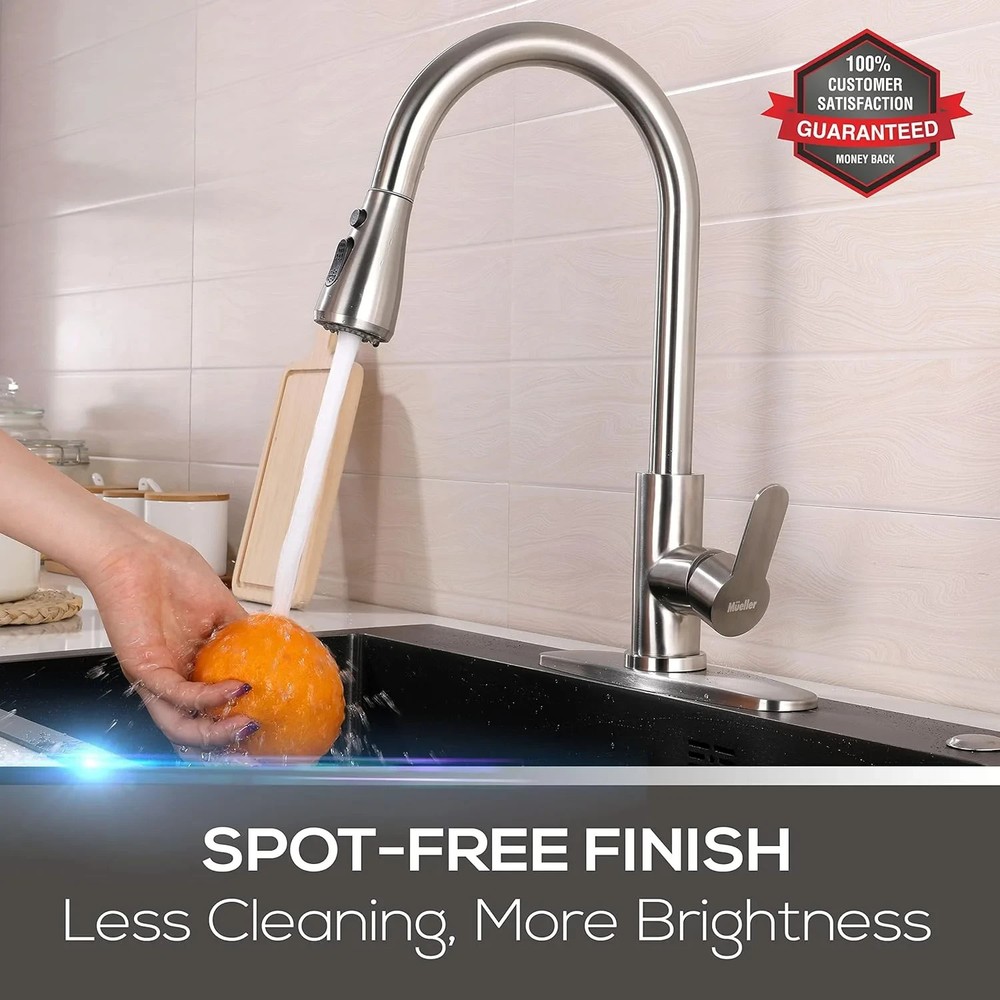 Mueller Pull-Down Kitchen Faucet Brushed Stainless Steel Single Handle 360° 10pc