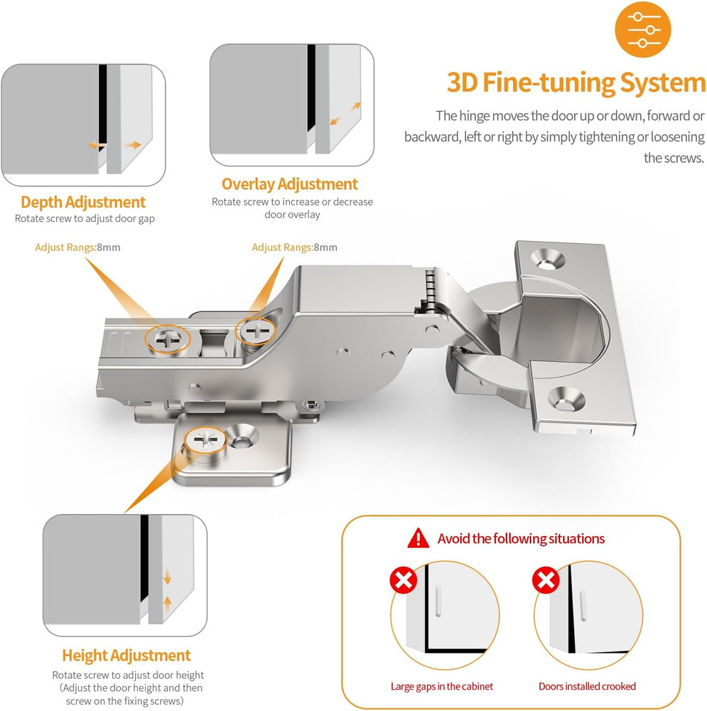 60 Pack Soft Close Concealed Hinges, Satin Nickel, 3D Adjustable