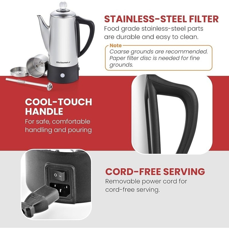 6 Cup Stainless Steel Percolator Coffee Maker Auto Shut-Off Keep Warm Function