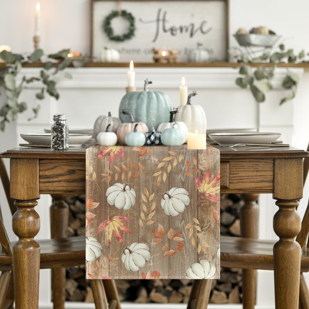 Fall Decorations White Pumpkins Maple Leaves Brown Table Runner Gift 13"x72"