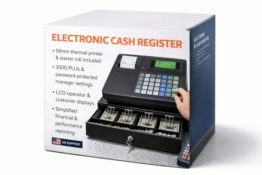 Programmed Item Cash Register with Built-In Reports, Manager Password, Thermal P