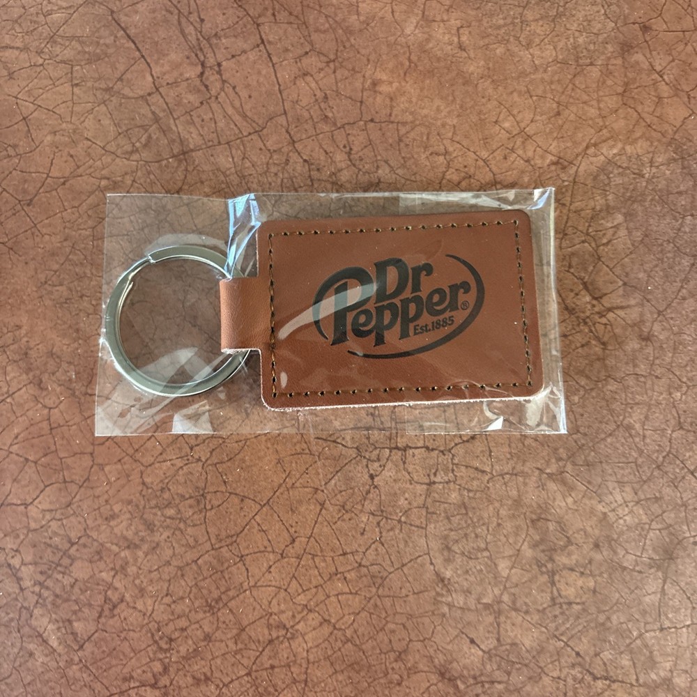 Dr Pepper Soda Pop Key Chain Ring/ Brown Leather NEW