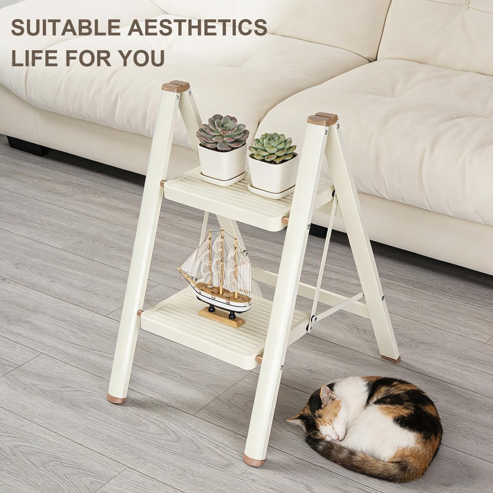 Valeo 2 Step Ladder,Lightweight Folding Stool with 2 Step, Milk White