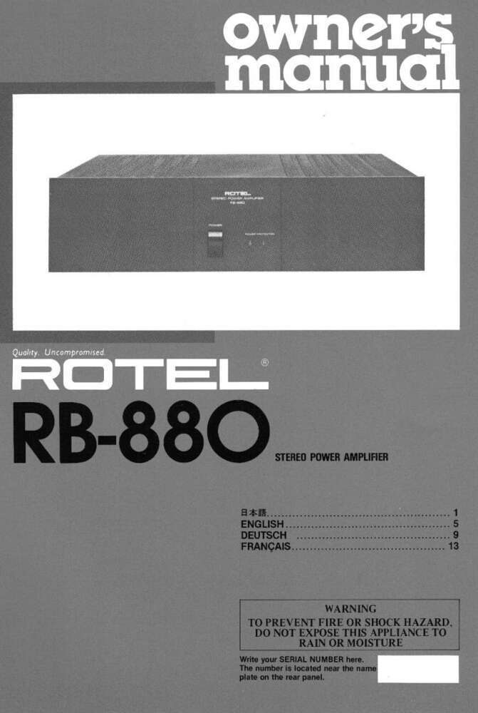 Rotel RB-880 Amplifier Owners Manual