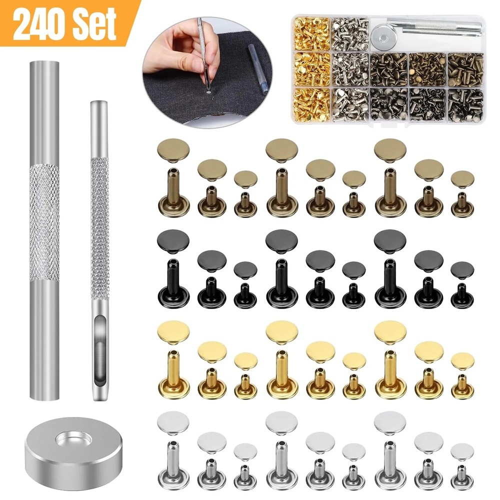 240pcs 6-12mm Double Cap Rivets Leather Craft Stud Repair Tool DIY Sets Box
