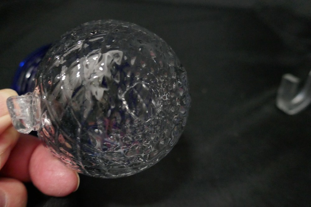 Handblown Mini Pitcher Diamond Optic Applied Handle Clr Cobalt Threads 3 3/4" T