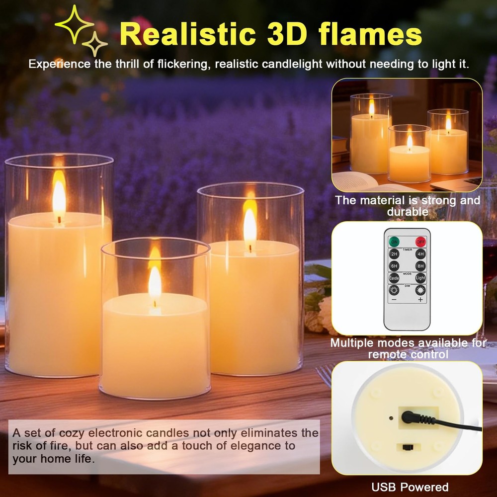 3-Pack Rechargeable Flameless Candles with Remote Control and Timer Function,...