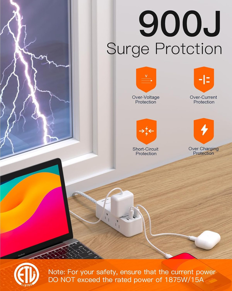 10 Outlet Surge Protector Power Strip USB C 5FT Flat Plug