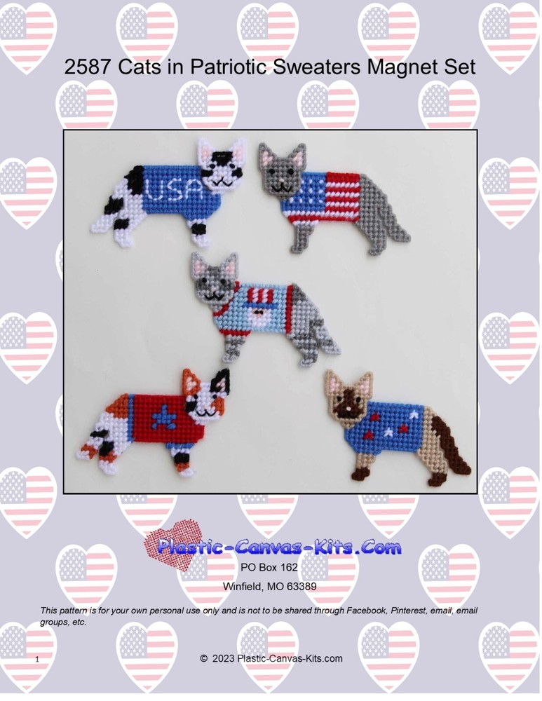 Cats in Patriotic Sweaters Magnets-Plastic Canvas Pattern or Kit