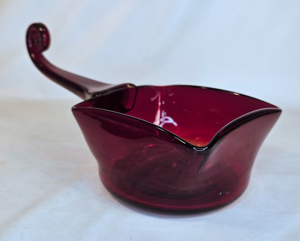 Red Glass Bowl with Handle Handblown Unique Design